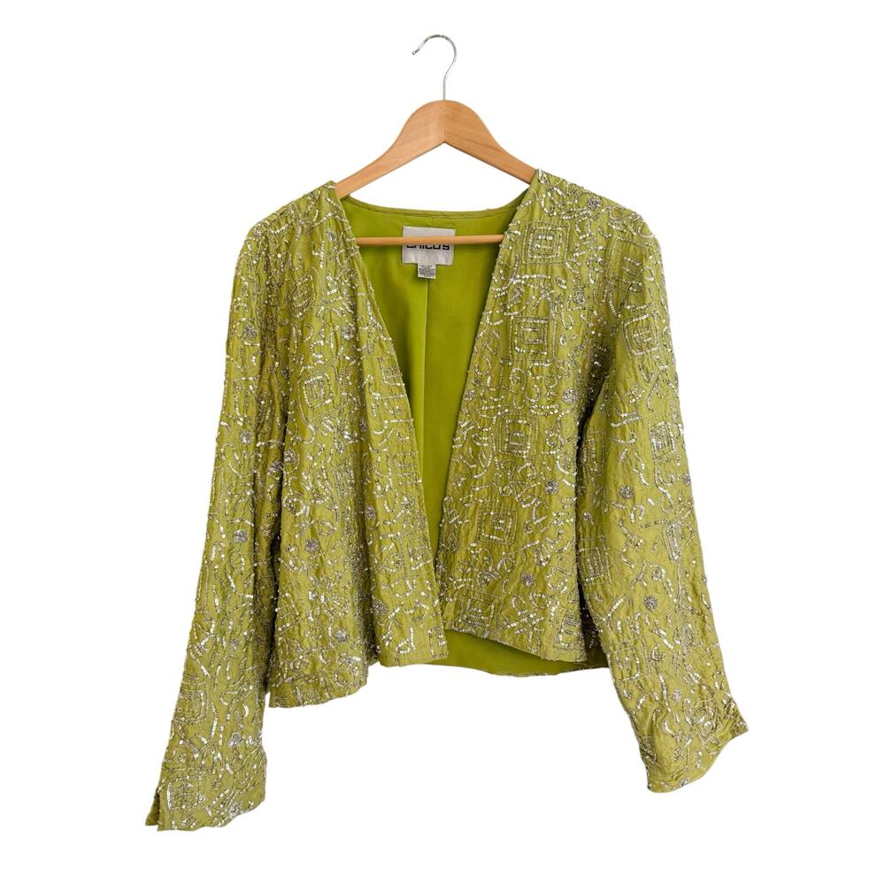 Chico’s Metallic Silver Sequin Lime Green Cardi Jacket Topper Sz 3 (XL/16) GUC